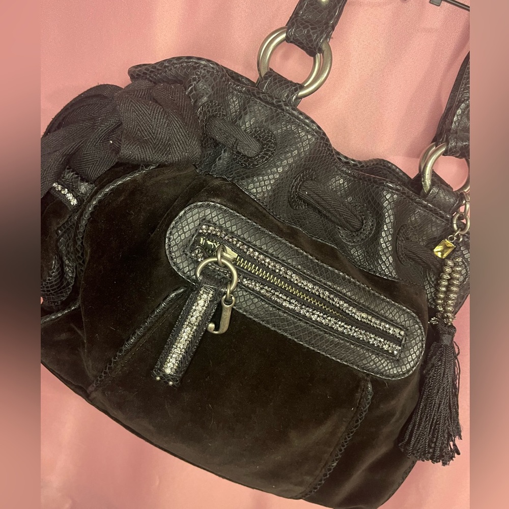 Juicy Couture Daydreamer Satchel Black Velour Cowhide Leather Statement Bag Y2K